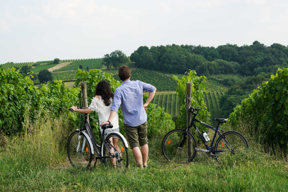 randonnée vélo au milieu des vignes du Beaujolais lors des vacances près de Lyon